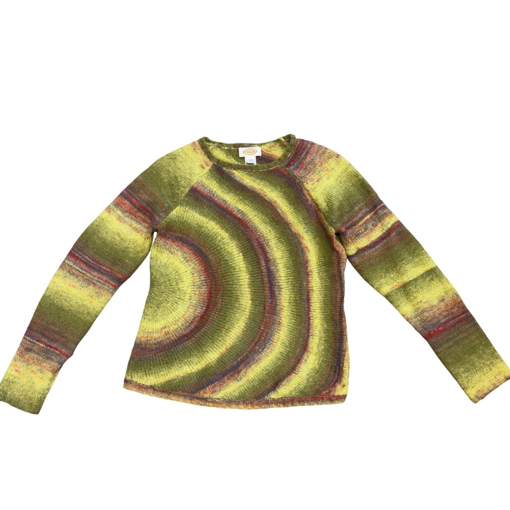 Talbots Womens Small Green Multi Color Concentric Circle Knit Raglan Sweater